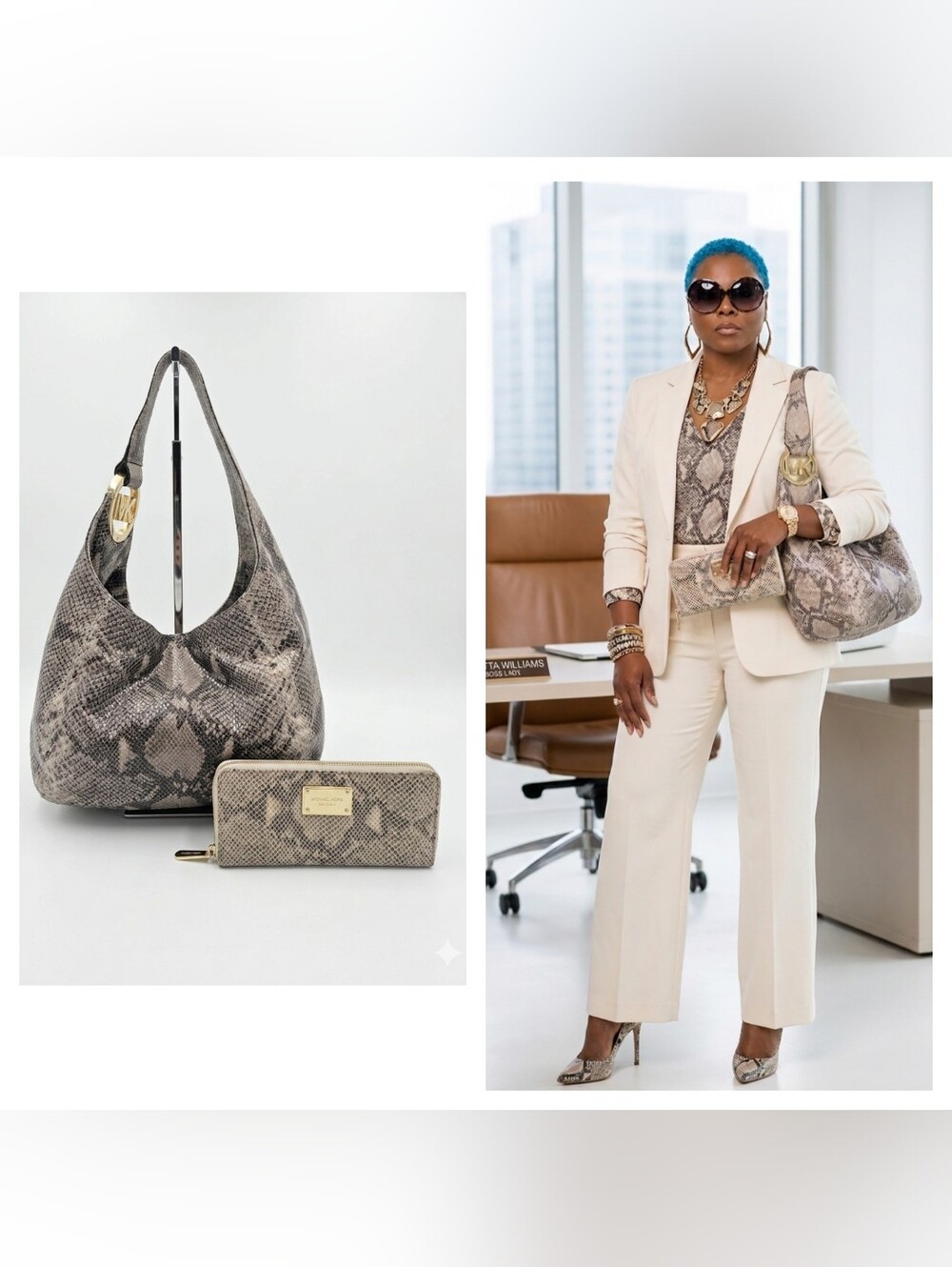 Michael Kors Snake-Print Hobo Bag & Wallet Set - Neutral Python NWOT